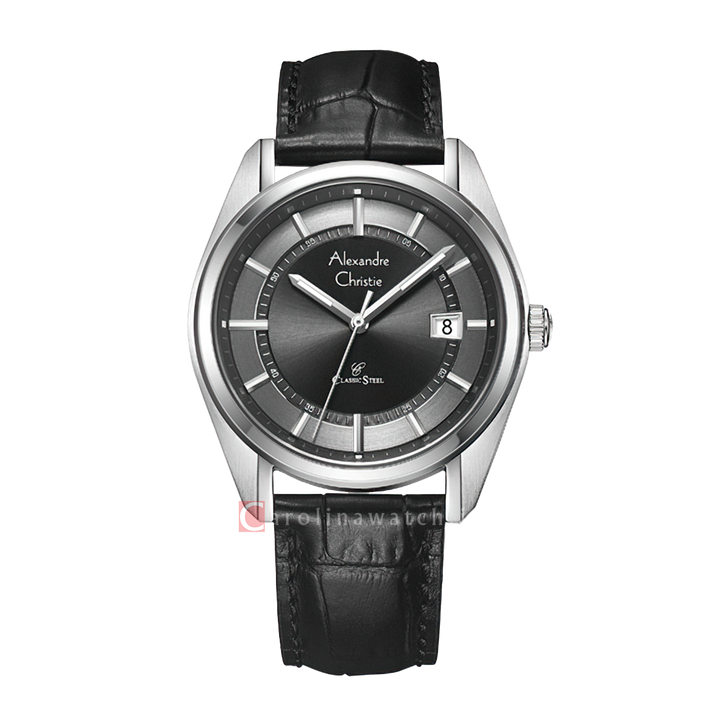 Jam Tangan Alexandre Christie Classic Steel AC 8695 MDLSSDG Men Dark Grey Dial Black Leather Strap