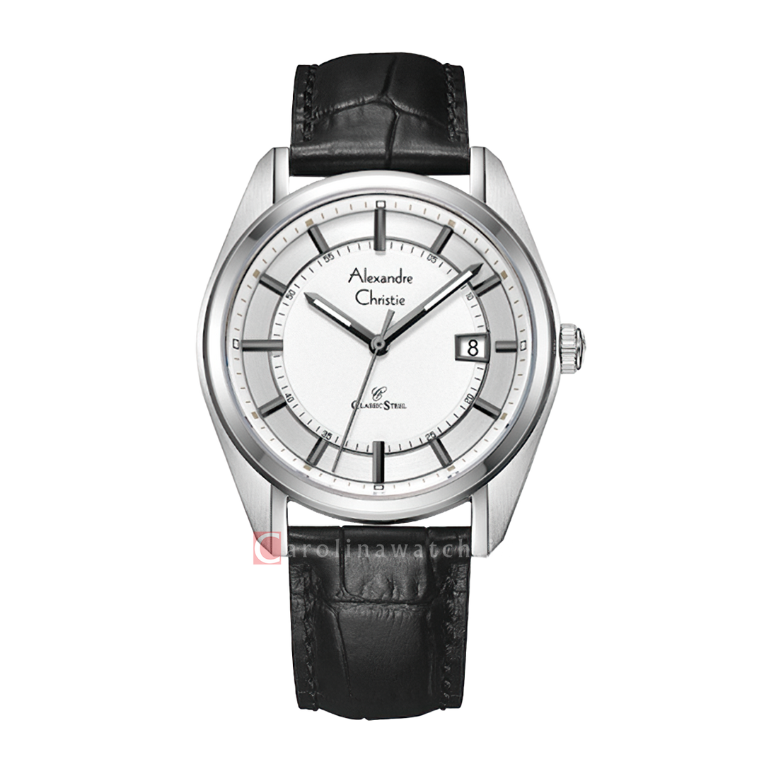 Jam Tangan Alexandre Christie Classic Steel AC 8695 MDLSSSL Men Silver Dial Black Leather Strap