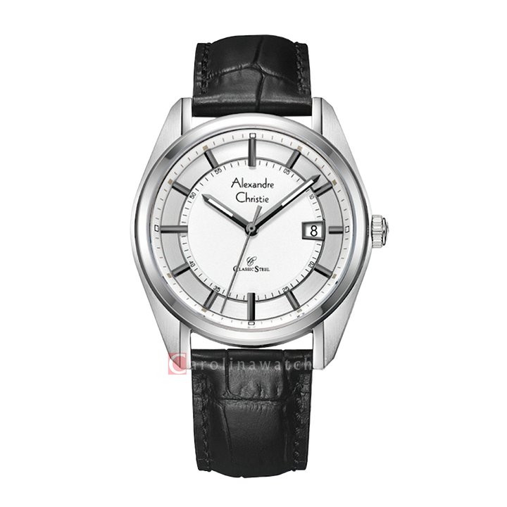 Jam Tangan Alexandre Christie Classic Steel AC 8695 MDLSSSL Men Silver Dial Black Leather Strap