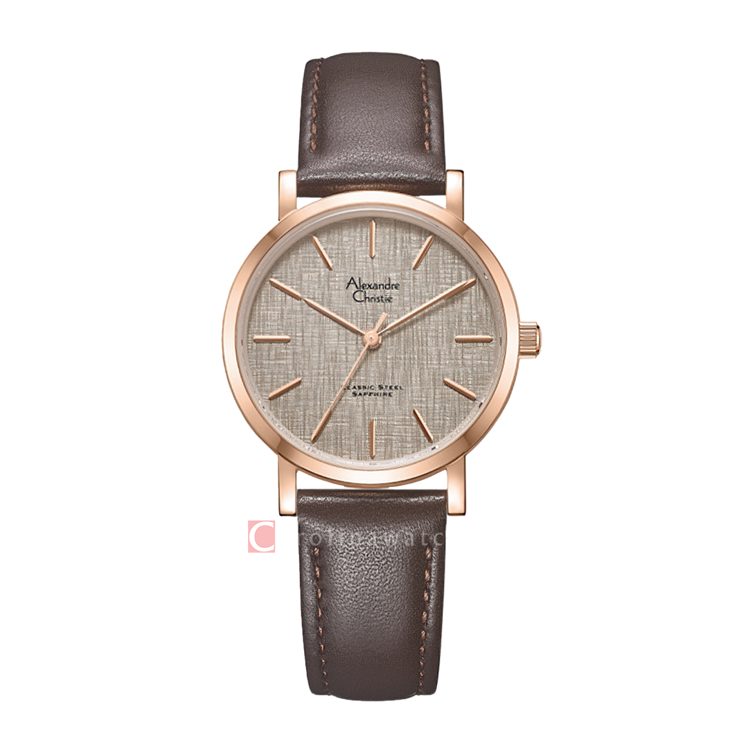 Jam Tangan Alexandre Christie Classic Steel AC 8698 LHLRGGR Women Grey Dial Brown Leather Strap