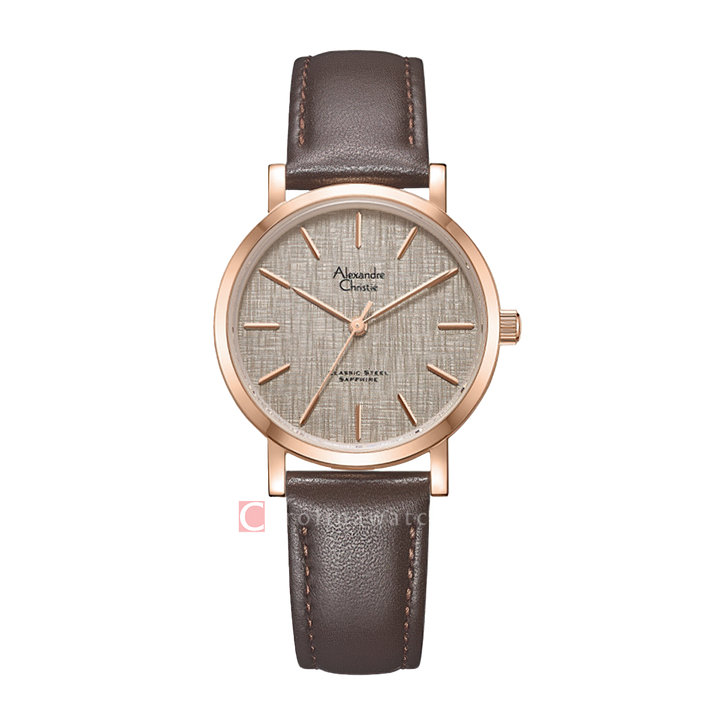 Jam Tangan Alexandre Christie Classic Steel AC 8698 LHLRGGR Women Grey Dial Brown Leather Strap