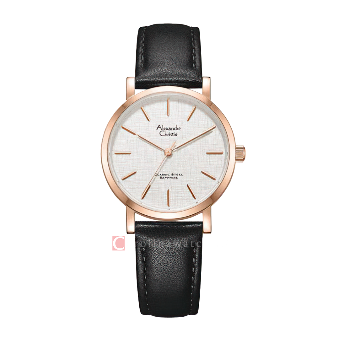 Jam Tangan Alexandre Christie Classic Steel AC 8698 LHLRGSLBA Women Silver Dial Black Leather Strap