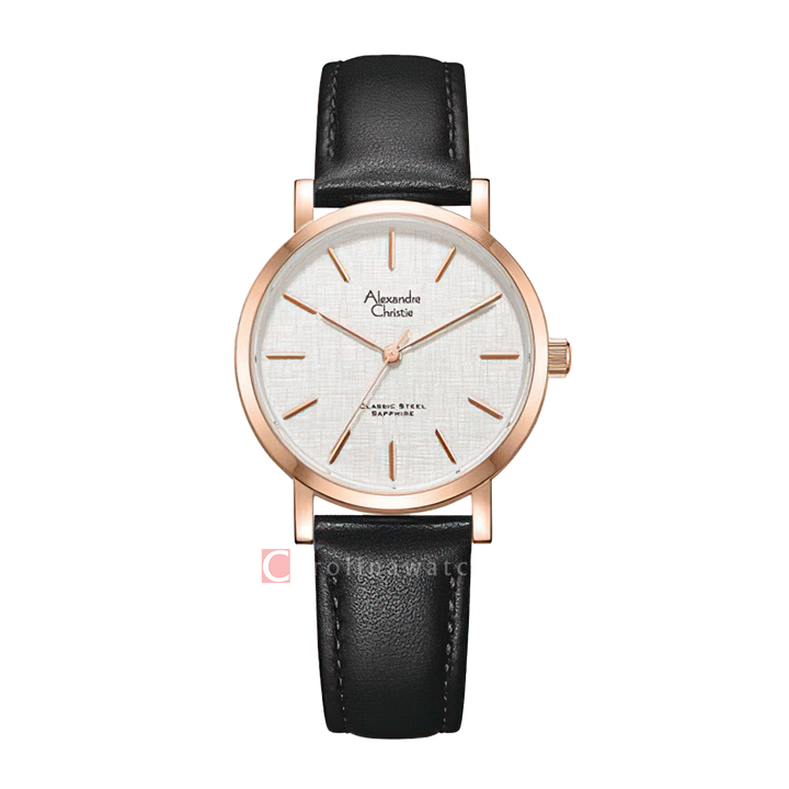 Jam Tangan Alexandre Christie Classic Steel AC 8698 LHLRGSLBA Women Silver Dial Black Leather Strap