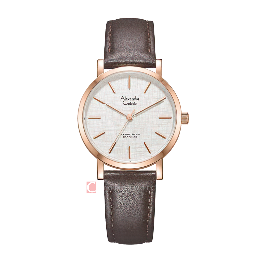 Jam Tangan Alexandre Christie Classic Steel AC 8698 LHLRGSLBO Women Silver Dial Brown Leather Strap