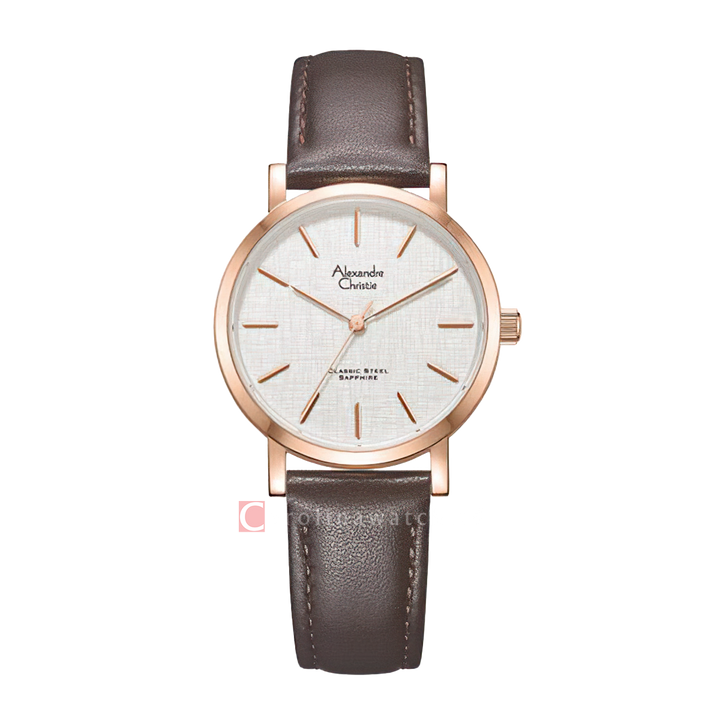 Jam Tangan Alexandre Christie Classic Steel AC 8698 LHLRGSLBO Women Silver Dial Brown Leather Strap