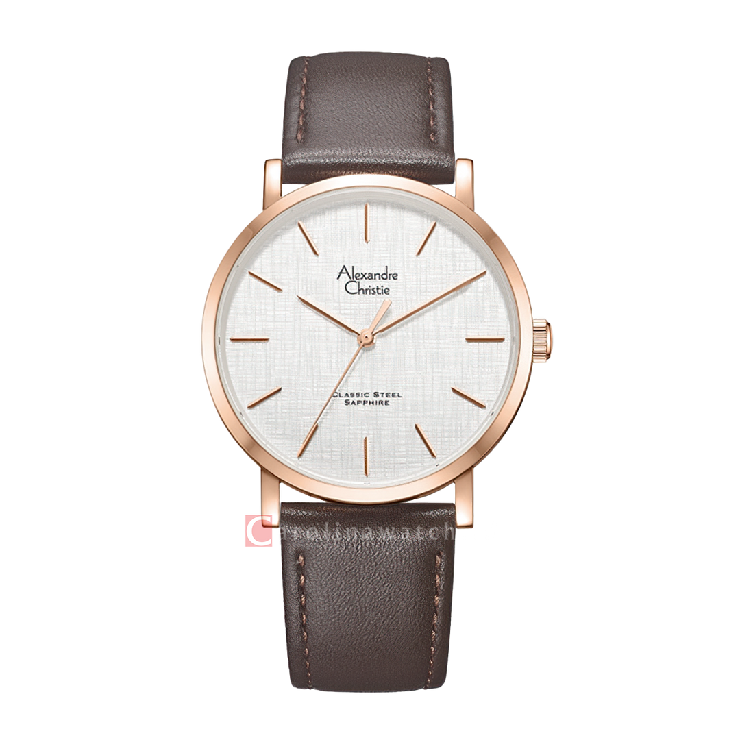 Jam Tangan Alexandre Christie Classic Steel AC 8698 MHLRGSLBO Men Silver Dial Brown Leather Strap