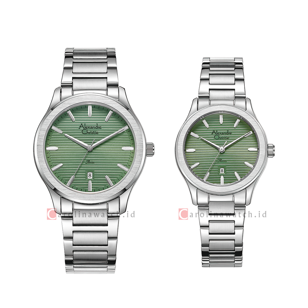 Jam Tangan Couple Alexandre Christie Classic Steel AC 8701 M/LDBSSGN Green Dial Stainless Steel Strap
