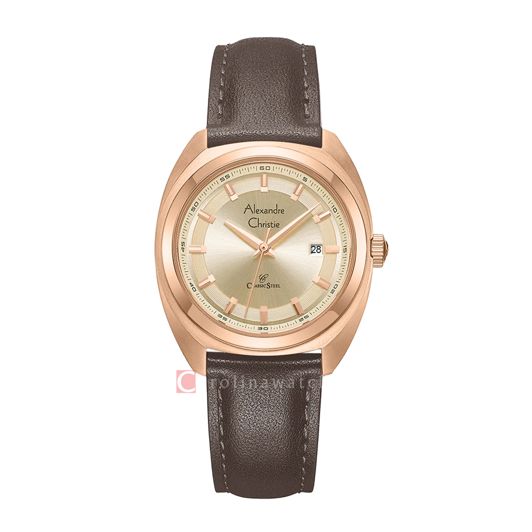 Jam Tangan Alexandre Christie Classic Steel AC 8702 LDLRGLN Women Gold Dial Brown Leather Strap