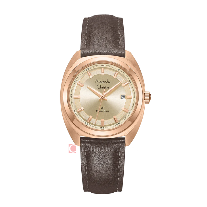 Jam Tangan Alexandre Christie Classic Steel AC 8702 LDLRGLN Women Gold Dial Brown Leather Strap