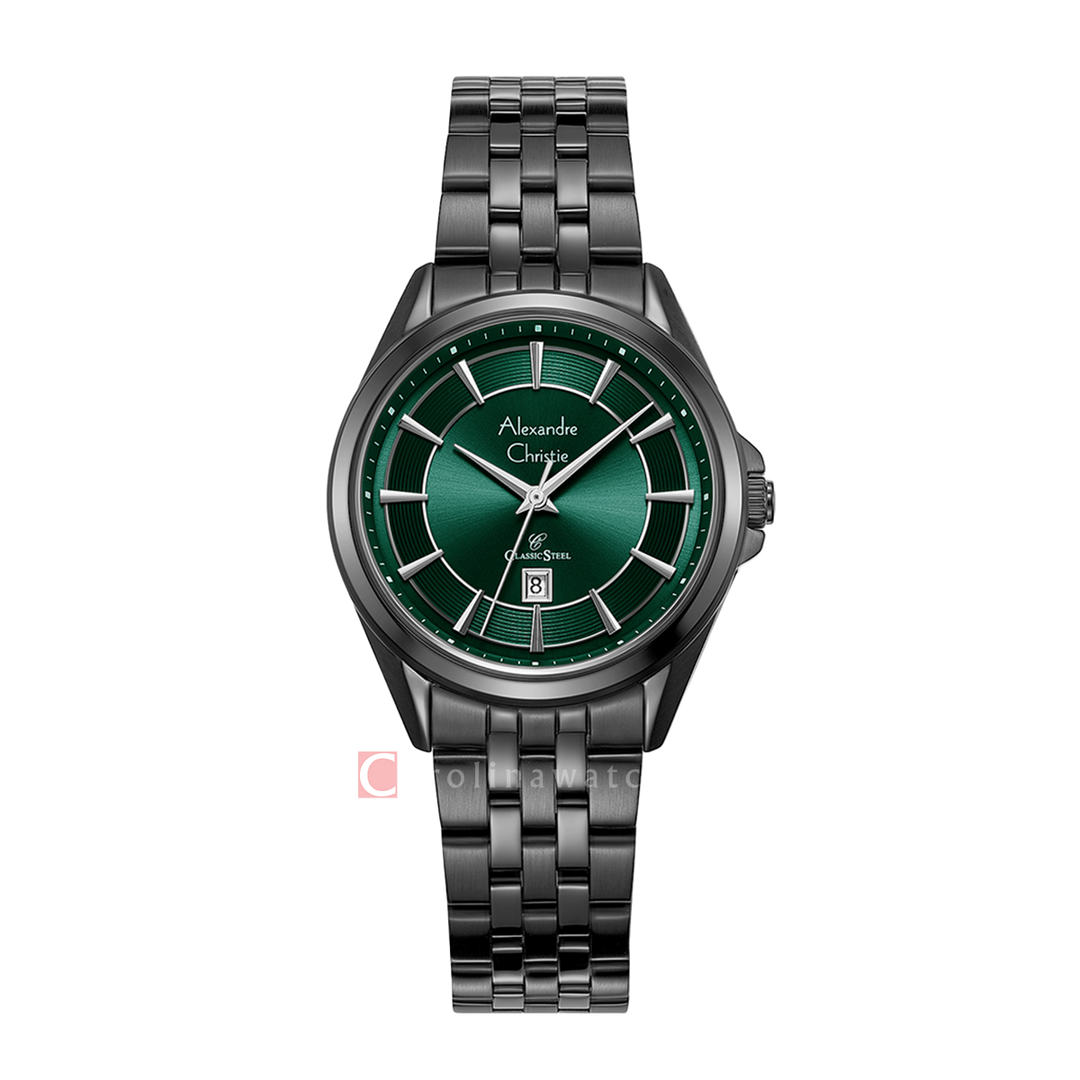 Jam Tangan Alexandre Christie Classic Steel AC 8703 LDBIGGN Women Green Dial Black Stainless Steel Strap