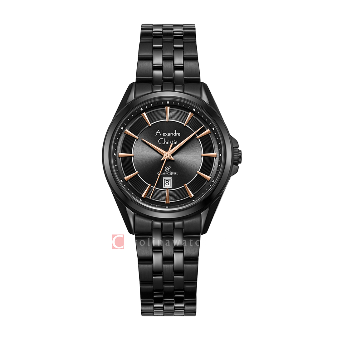 Jam Tangan Alexandre Christie Classic Steel AC 8703 LDBIPBARG Women Black Dial Black Stainless Steel Strap