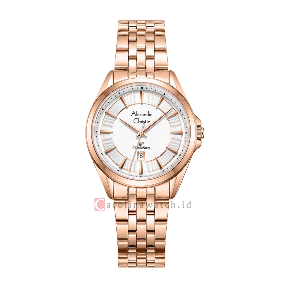 Jam Tangan Alexandre Christie Classic Steel AC 8703 LDBRGSL Women White Dial Rose Gold Stainless Steel Strap