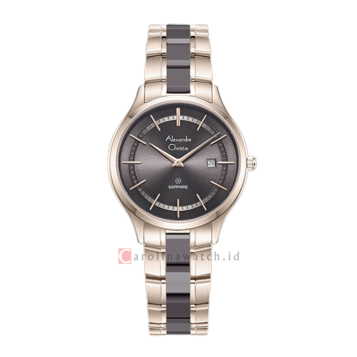 Jam Tangan Alexandre Christie AC 8707 LDBCGGR Sapphire Women Grey Dial Dual Tone Stainless Steel Strap