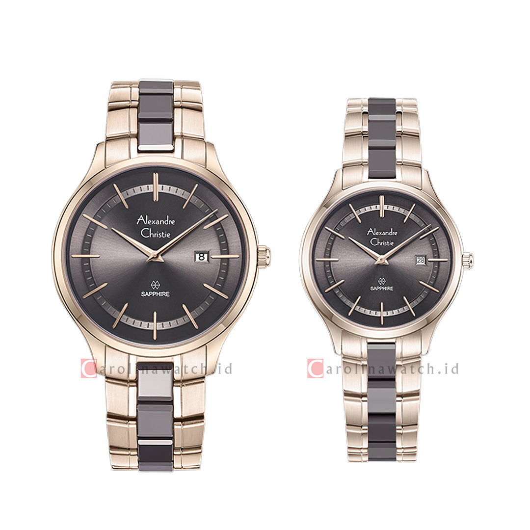 Jam Tangan Couple Alexandre Christie AC 8707 M/LDBCGGR Sapphire Grey Dial Dual Tone Stainless Steel Strap