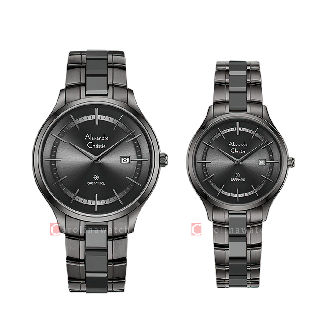 Jam Tangan Couple Alexandre Christie AC 8707 M/LDBIGDG Sapphire Dark Grey Dial Dual Tone Stainless Steel Strap