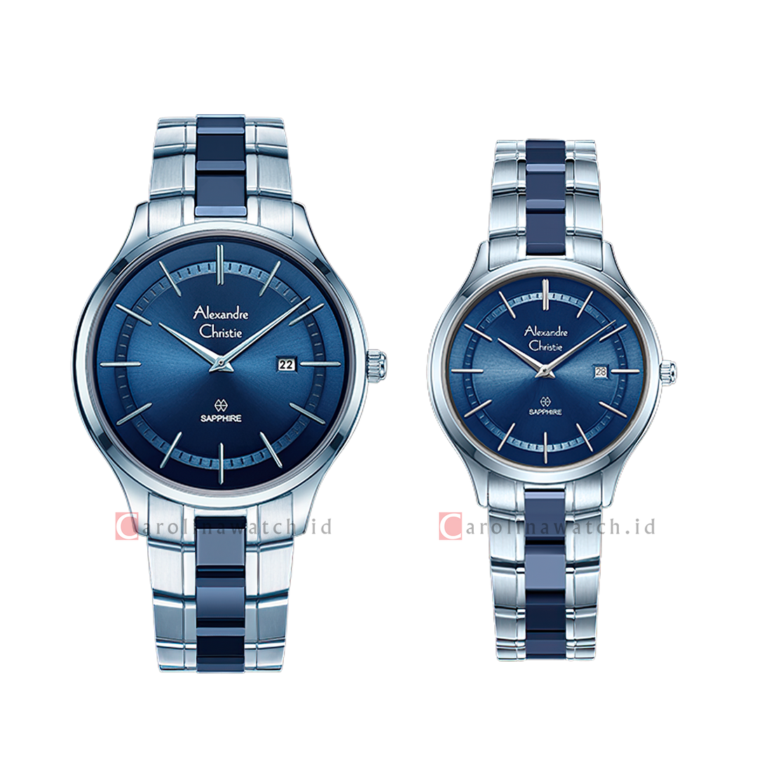 Jam Tangan Couple Alexandre Christie AC 8707 M/LDBIUBU Sapphire Blue Dial Dual Tone Stainless Steel Strap