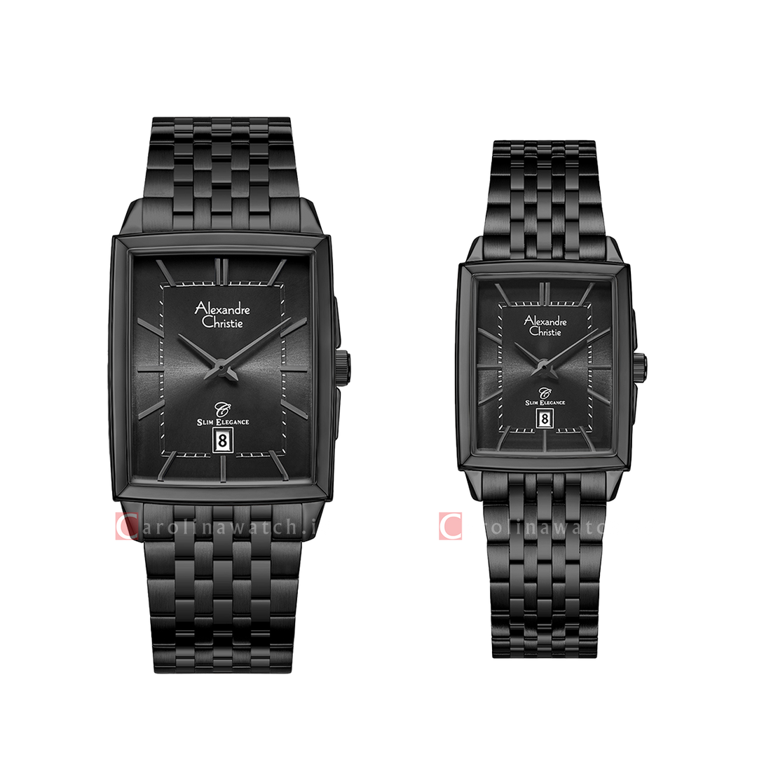 Jam Tangan Couple Alexandre Christie Slim Elegance AC 8708 M/LDBIPBA Black Dial Black Stainless Steel Strap