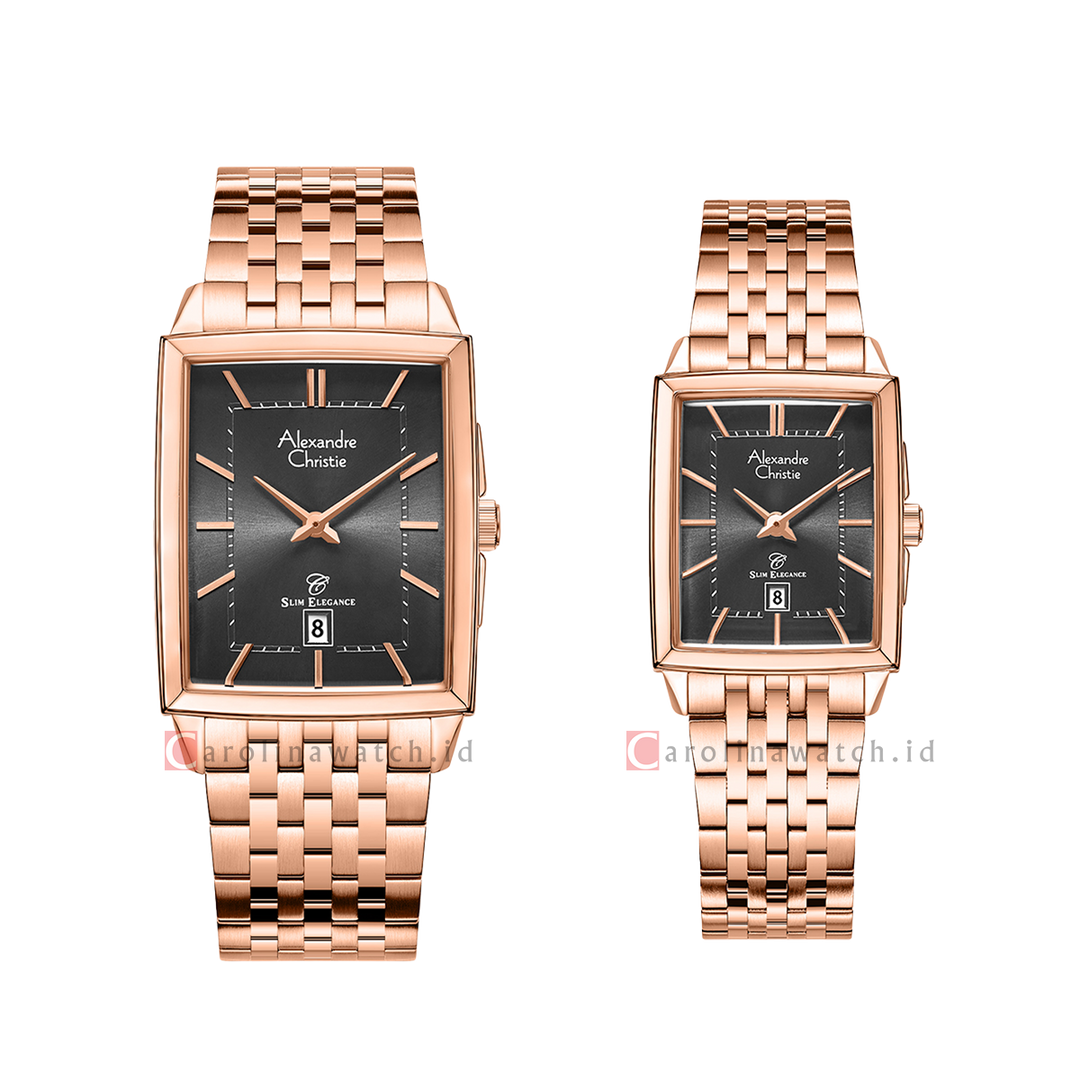 Jam Tangan Couple Alexandre Christie Slim Elegance AC 8708 M/LDBRGBA Black Dial Rose Gold Stainless Steel Strap