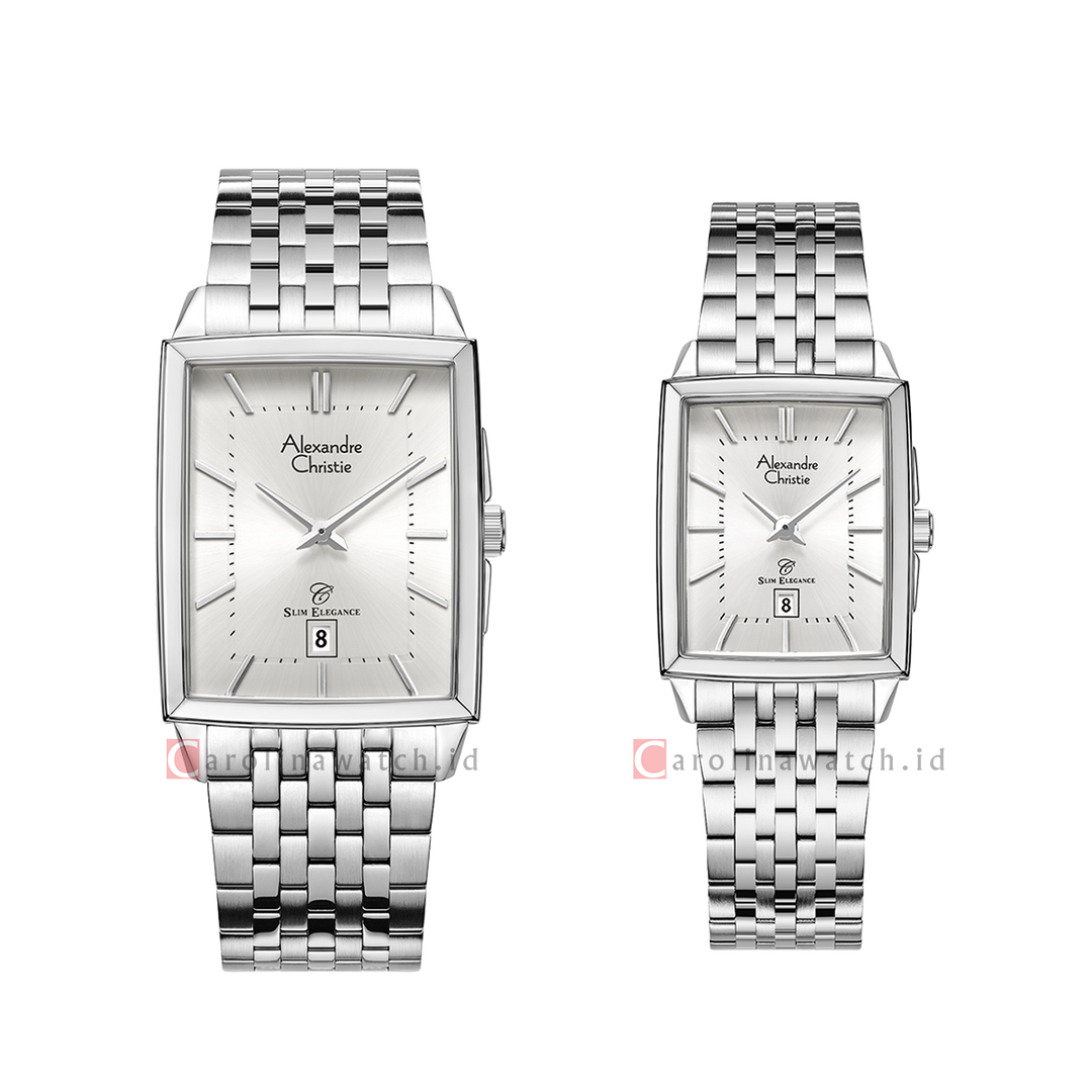 Jam Tangan Couple Alexandre Christie Slim Elegance AC 8708 M/LDBSSSL Silver Dial Stainless Steel Strap