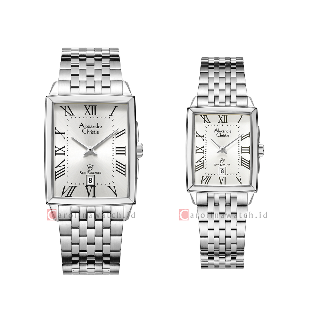 Jam Tangan Couple Alexandre Christie Slim Elegance AC 8708 M/LDBSSSLRM Silver Dial Stainless Steel Strap