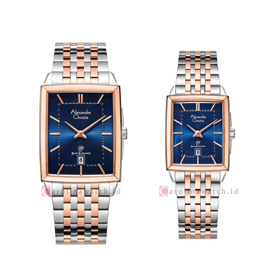Jam Tangan Couple Alexandre Christie Slim Elegance AC 8708 M/LDBTRBU Blue Dial Dual Tone Stainless Steel Strap