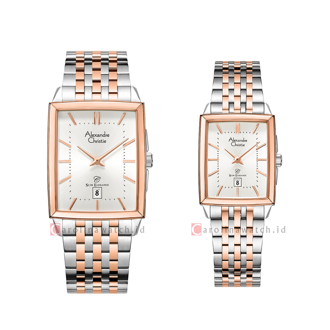 Jam Tangan Couple Alexandre Christie Slim Elegance AC 8708 M/LDBTRSL Silver Dial Dual Tone Stainless Steel Strap