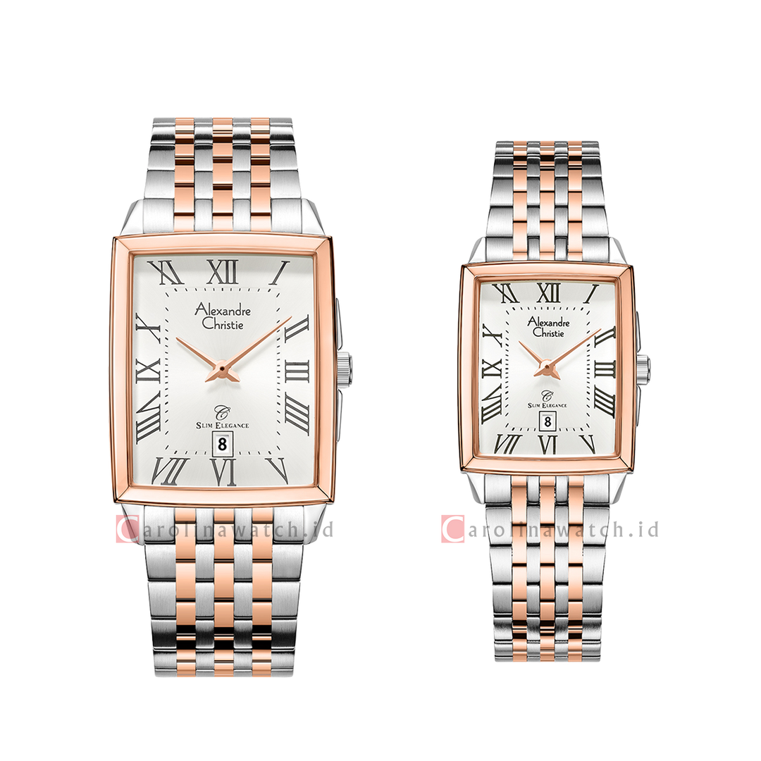 Jam Tangan Couple Alexandre Christie Slim Elegance AC 8708 M/LDBTRSLRM Silver Dial Dual Tone Stainless Steel Strap