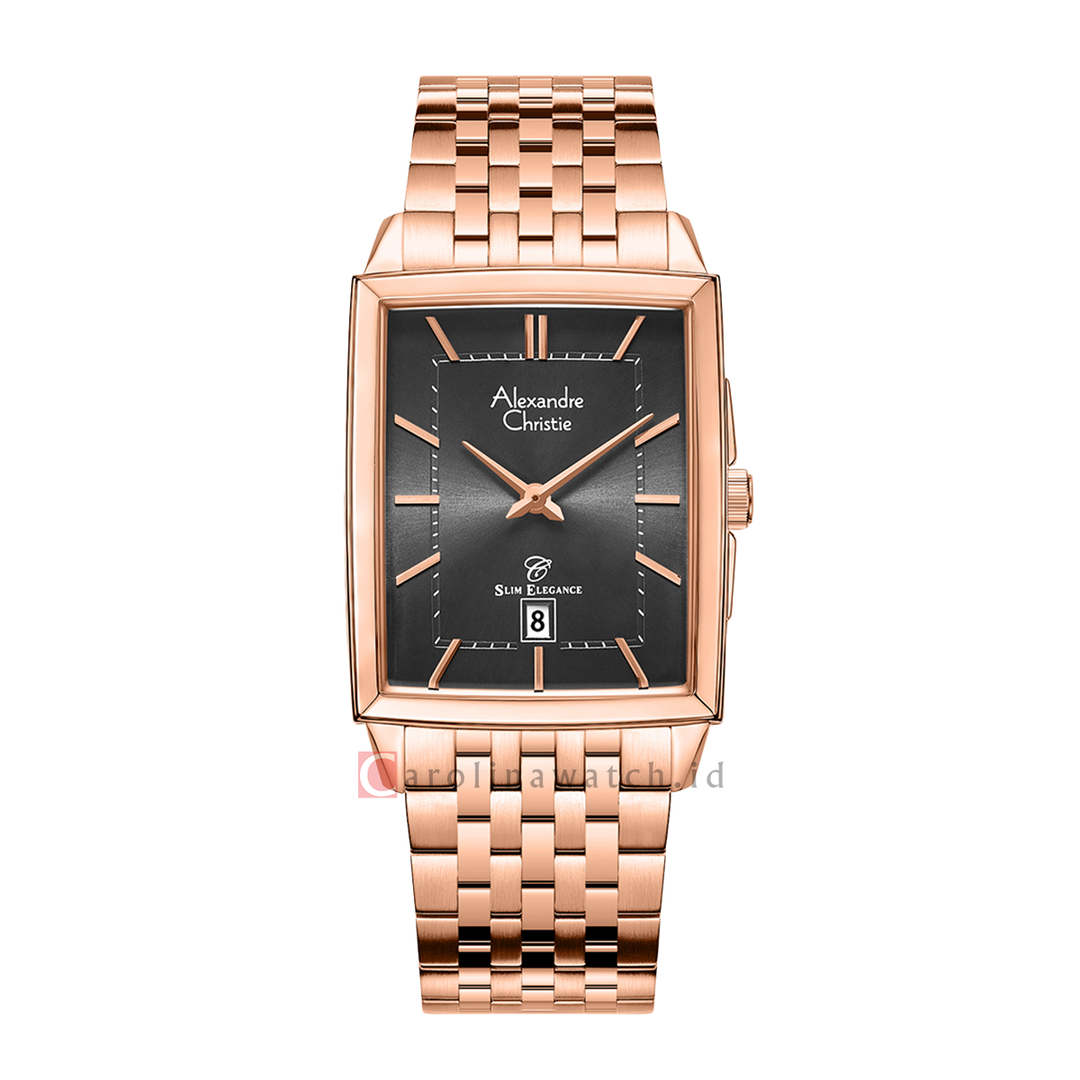 Jam Tangan Alexandre Christie Slim Elegance AC 8708 MDBRGBA Men Black Dial Rose Gold Stainless Steel Strap