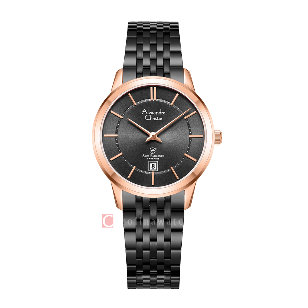 Jam Tangan Alexandre Christie Slim Elegance AC 8709 LDBBRBA Sapphire Women Black Dial Black Stainless Steel Strap