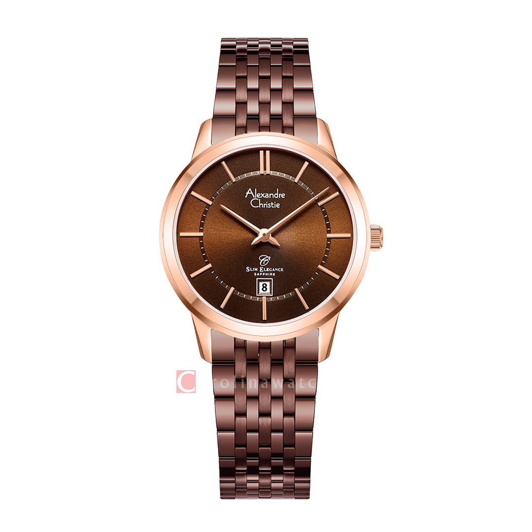Jam Tangan Alexandre Christie Slim Elegance AC 8709 LDBROBO Sapphire Women Brown Dial Brown Stainless Steel Strap