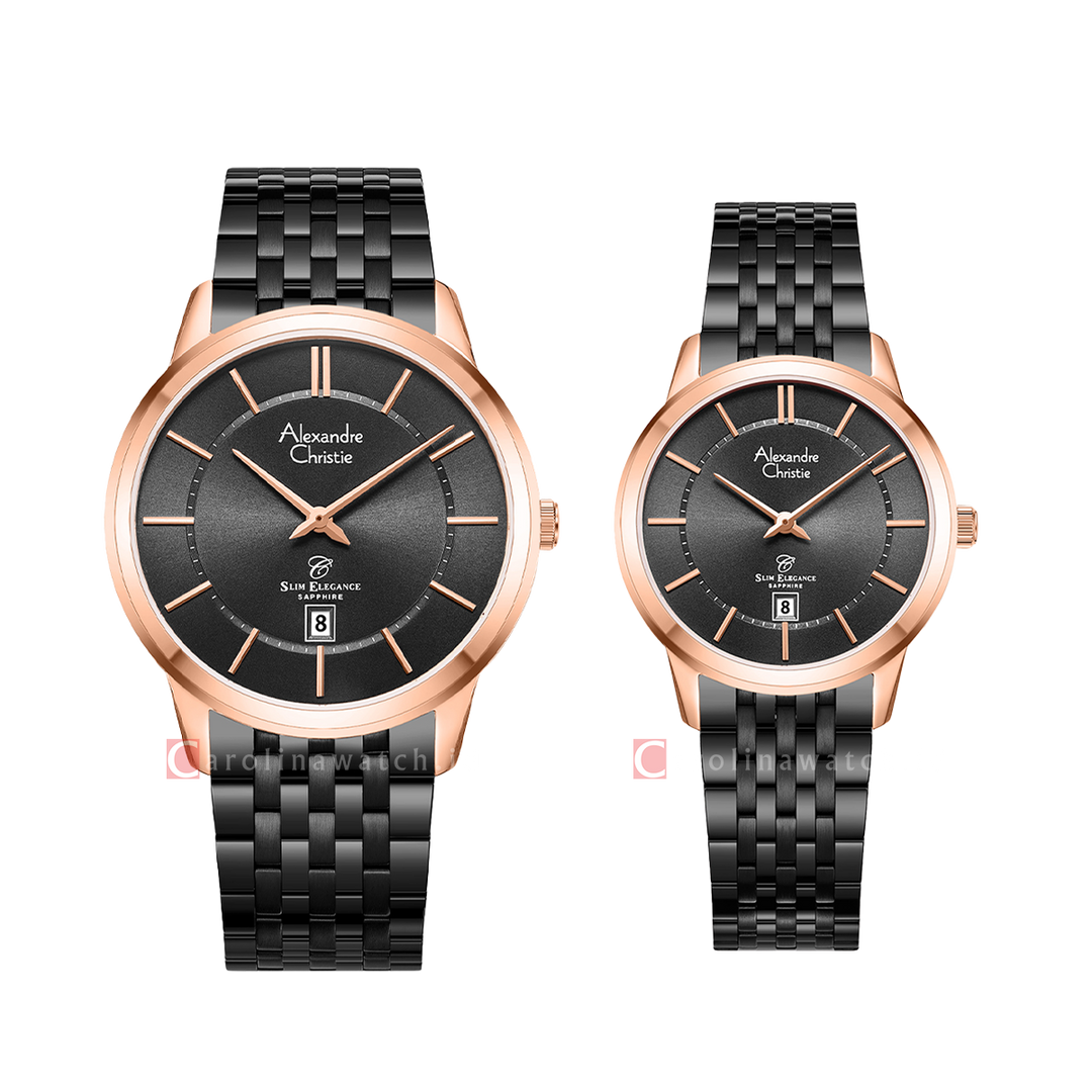 Jam Tangan Couple Alexandre Christie Slim Elegance AC 8709 M/LDBBRBA Black Dial Black Stainless Steel Strap