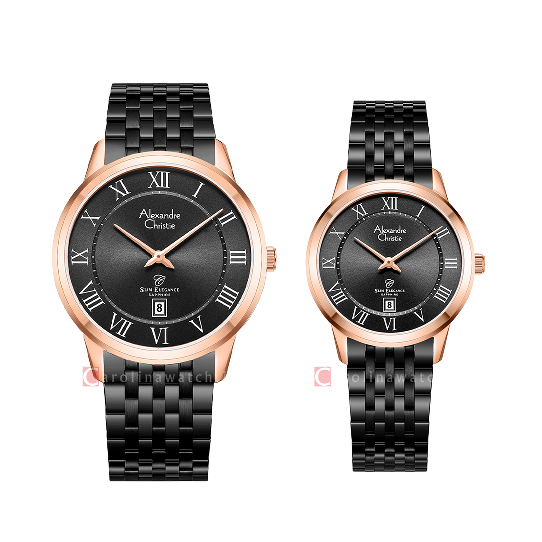 Jam Tangan Couple Alexandre Christie Slim Elegance AC 8709 M/LDBBRBARM Black Dial Black Stainless Steel Strap