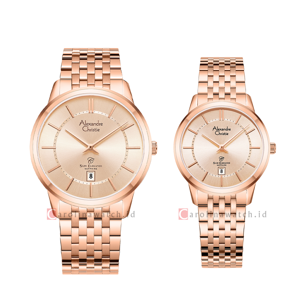 Jam Tangan Couple Alexandre Christie Slim Elegance AC 8709 M/LDBRGLN Rose Gold Dial Rose Gold Stainless Steel Strap