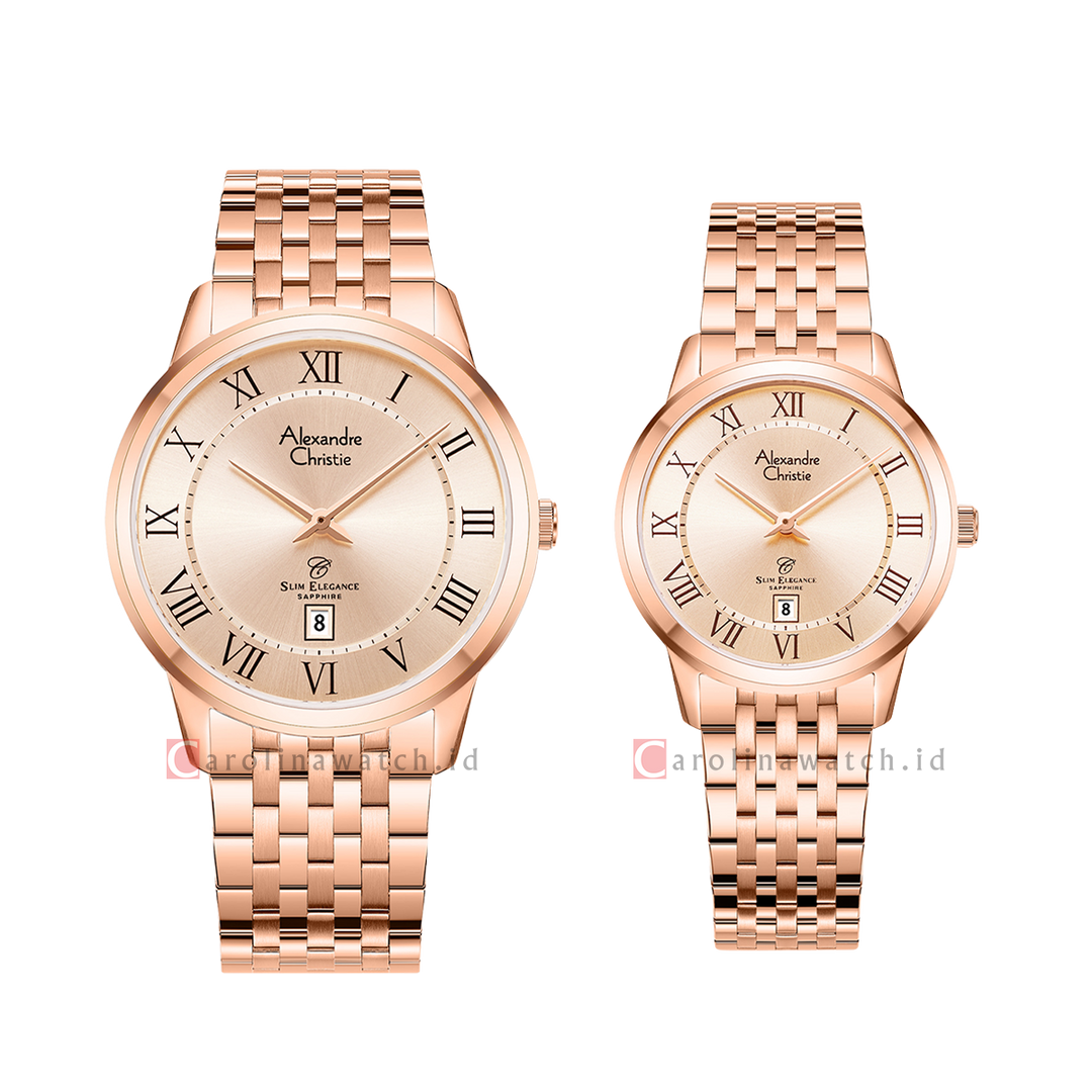 Jam Tangan Couple Alexandre Christie Slim Elegance AC 8709 M/LDBRGLNRM Rose Gold Dial Rose Gold Stainless Steel Strap