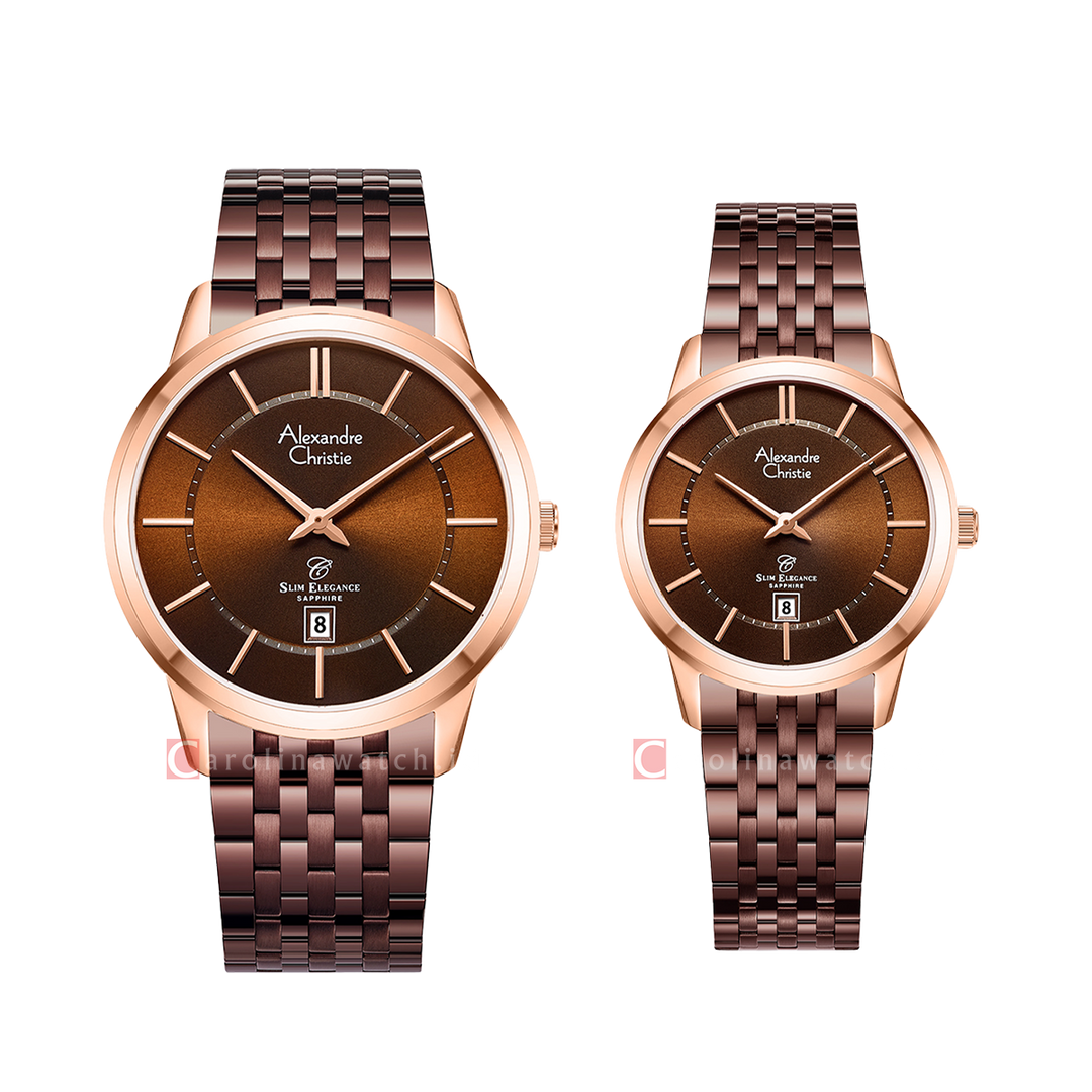 Jam Tangan Couple Alexandre Christie Slim Elegance AC 8709 M/LDBROBO Brown Dial Brown Stainless Steel Strap