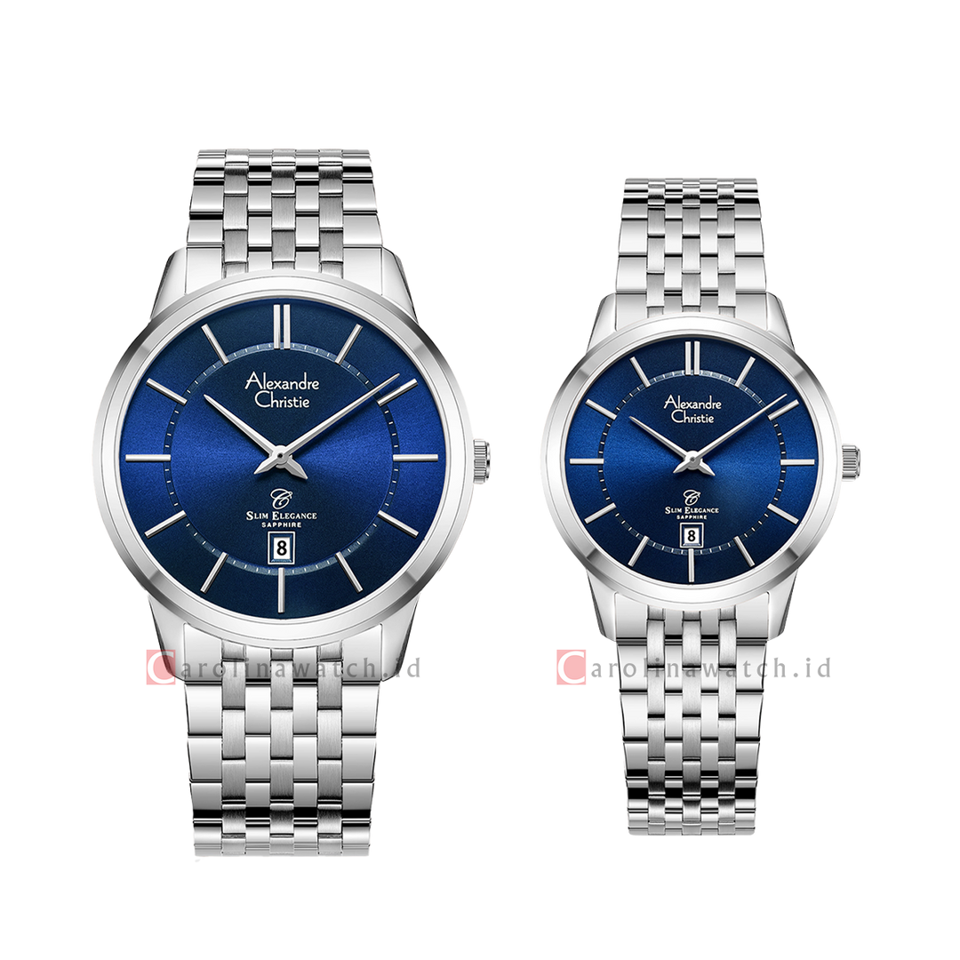 Jam Tangan Couple Alexandre Christie Slim Elegance AC 8709 M/LDBSSBU Blue Dial Stainless Steel Strap
