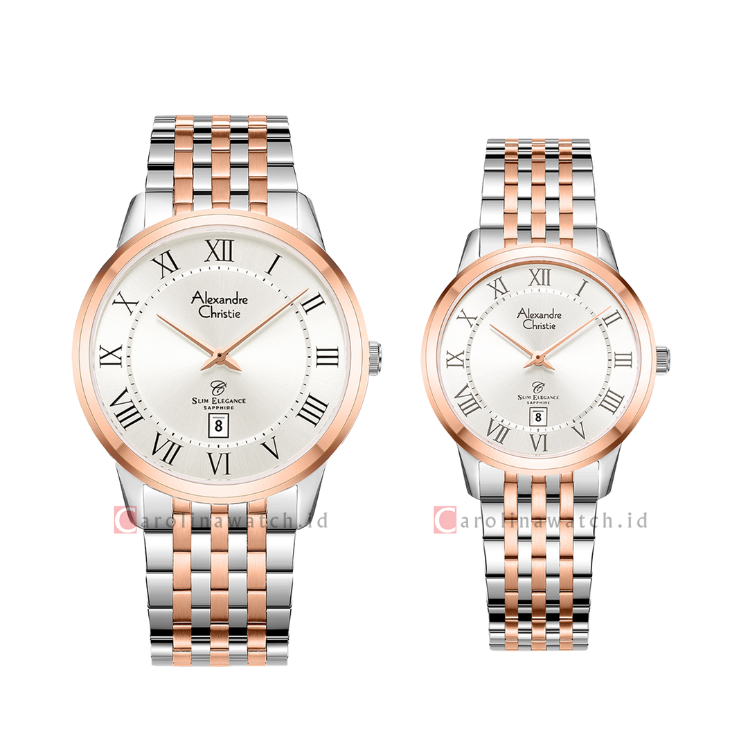 Jam Tangan Couple Alexandre Christie Slim Elegance AC 8709 M/LDBTRSLRM Silver Dial Dual Tone Stainless Steel Strap