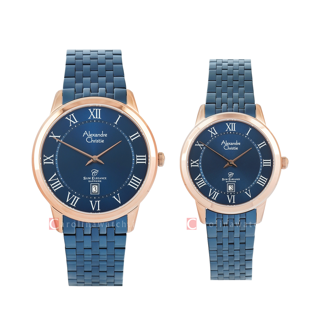 Jam Tangan Couple Alexandre Christie Slim Elegance AC 8709 M/LDBURBURM Blue Dial Blue Stainless Steel Strap