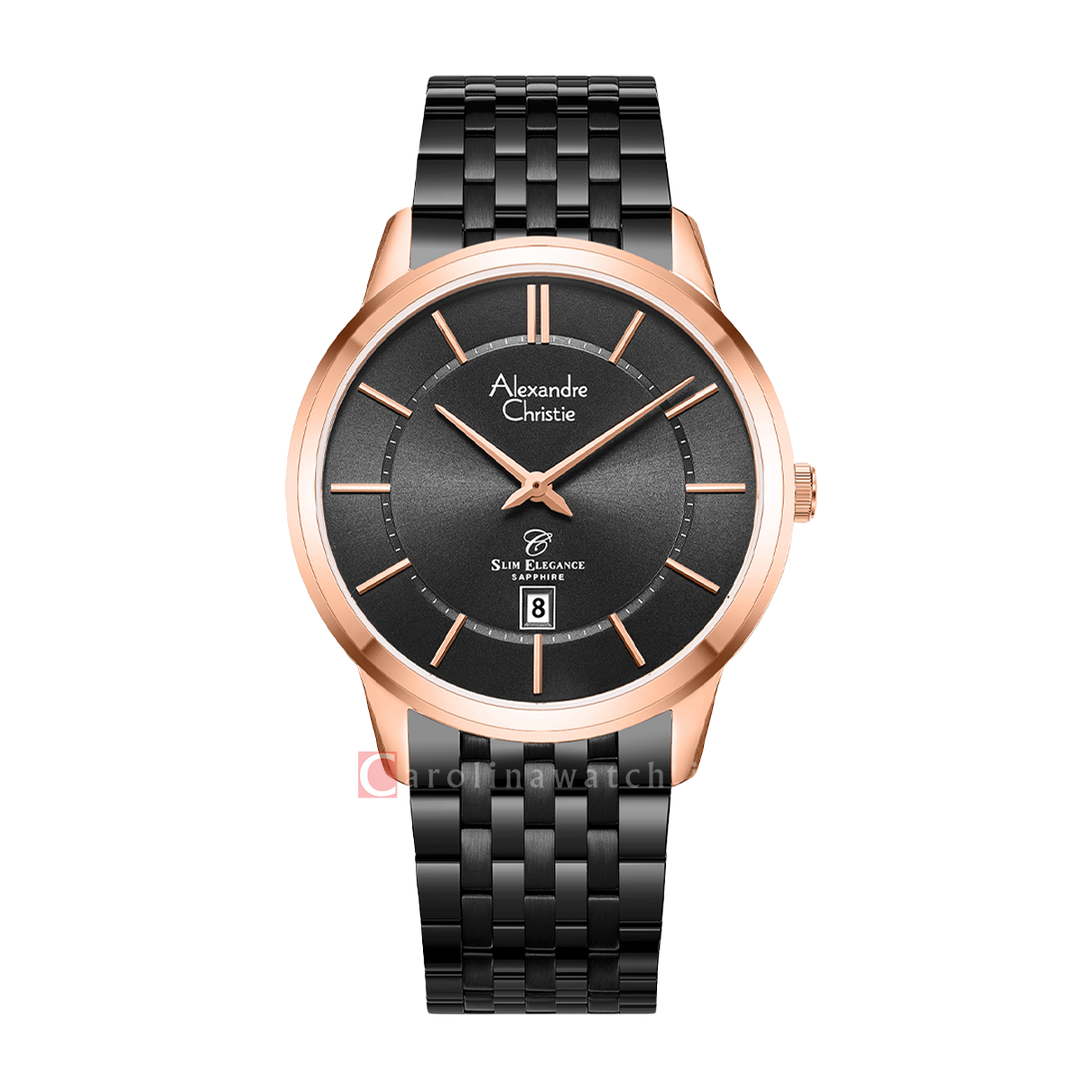 Jam Tangan Alexandre Christie Slim Elegance AC 8709 MDBBRBA Sapphire Men Black Dial Black Stainless Steel Strap