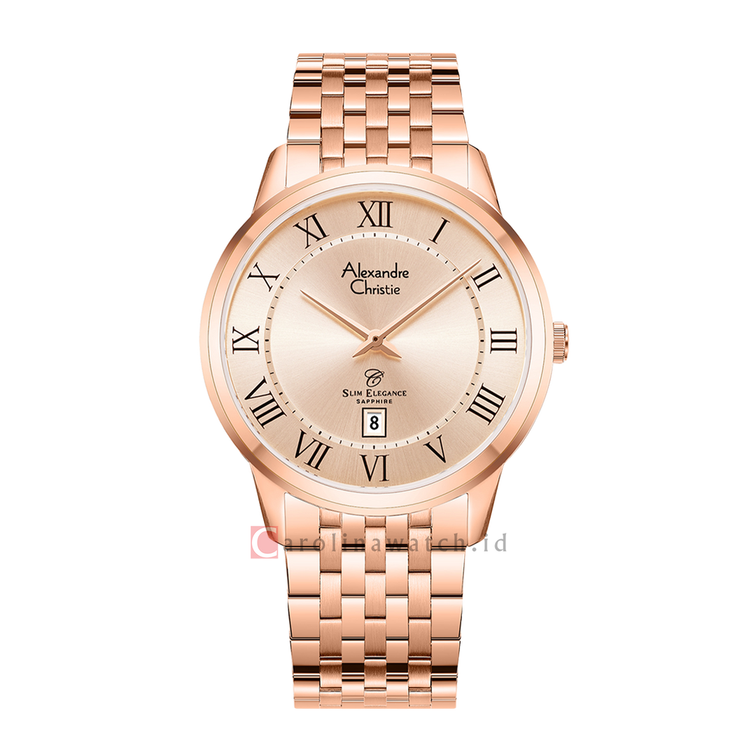 Jam Tangan Alexandre Christie Slim Elegance AC 8709 MDBRGLNRM Sapphire Men Rose Gold Dial Rose Gold Stainless Steel Strap