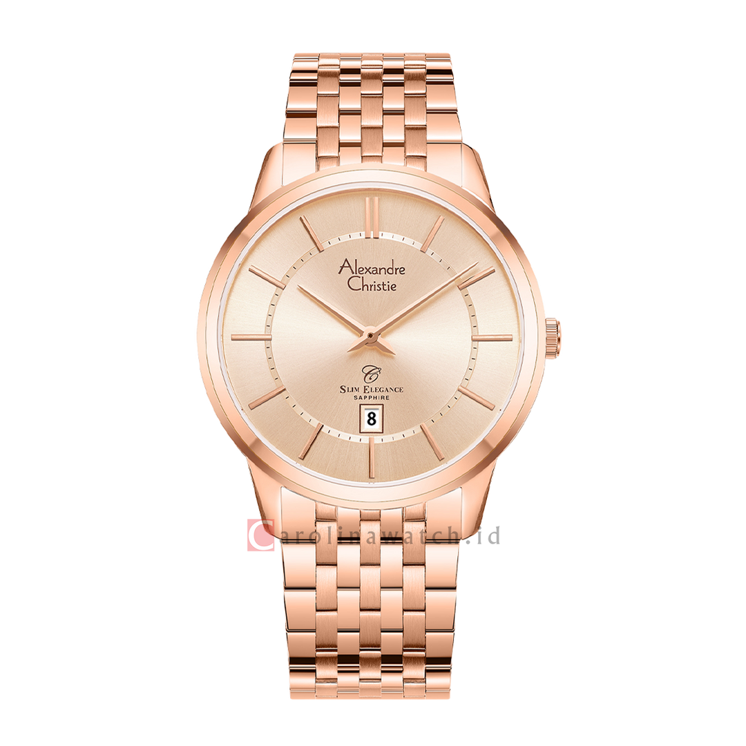 Jam Tangan Alexandre Christie Slim Elegance AC 8709 MDBRGLN Sapphire Men Rose Gold Dial Rose Gold Stainless Steel Strap