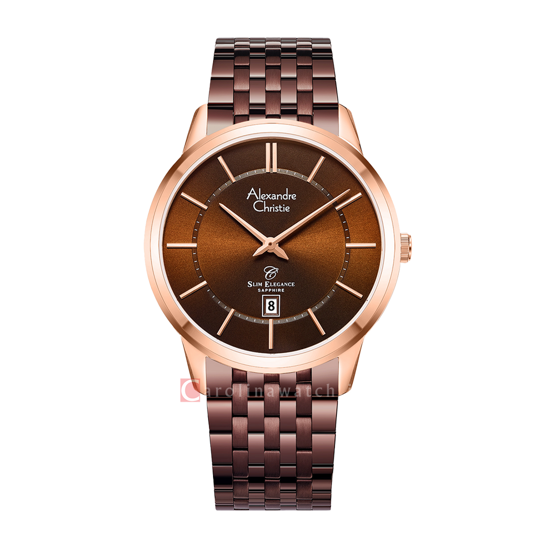 Jam Tangan Alexandre Christie Slim Elegance AC 8709 MDBROBO Sapphire Men Brown Dial Brown Stainless Steel Strap