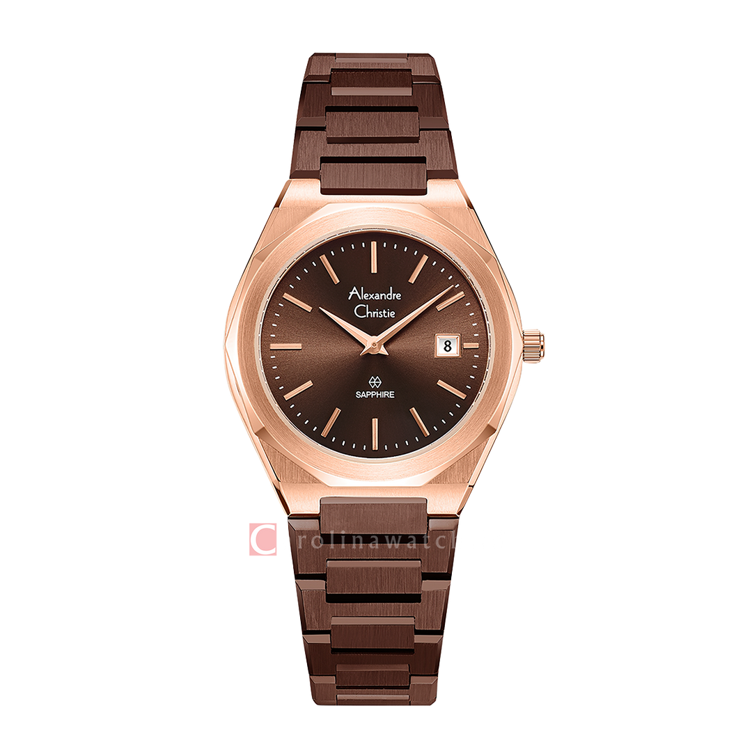 Jam Tangan Alexandre Christie AC 8710 LDBROBOSG Sapphire Women Brown Dial Brown Stainless Steel Strap