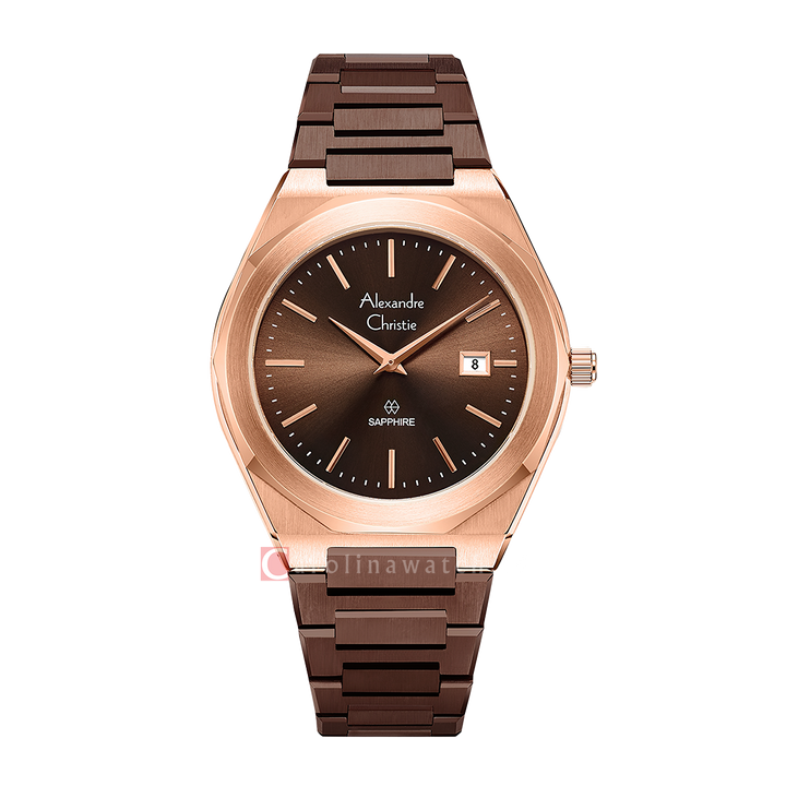 Jam Tangan Alexandre Christie AC 8710 MDBROBOSG Sapphire Men Brown Dial Brown Stainless Steel Strap