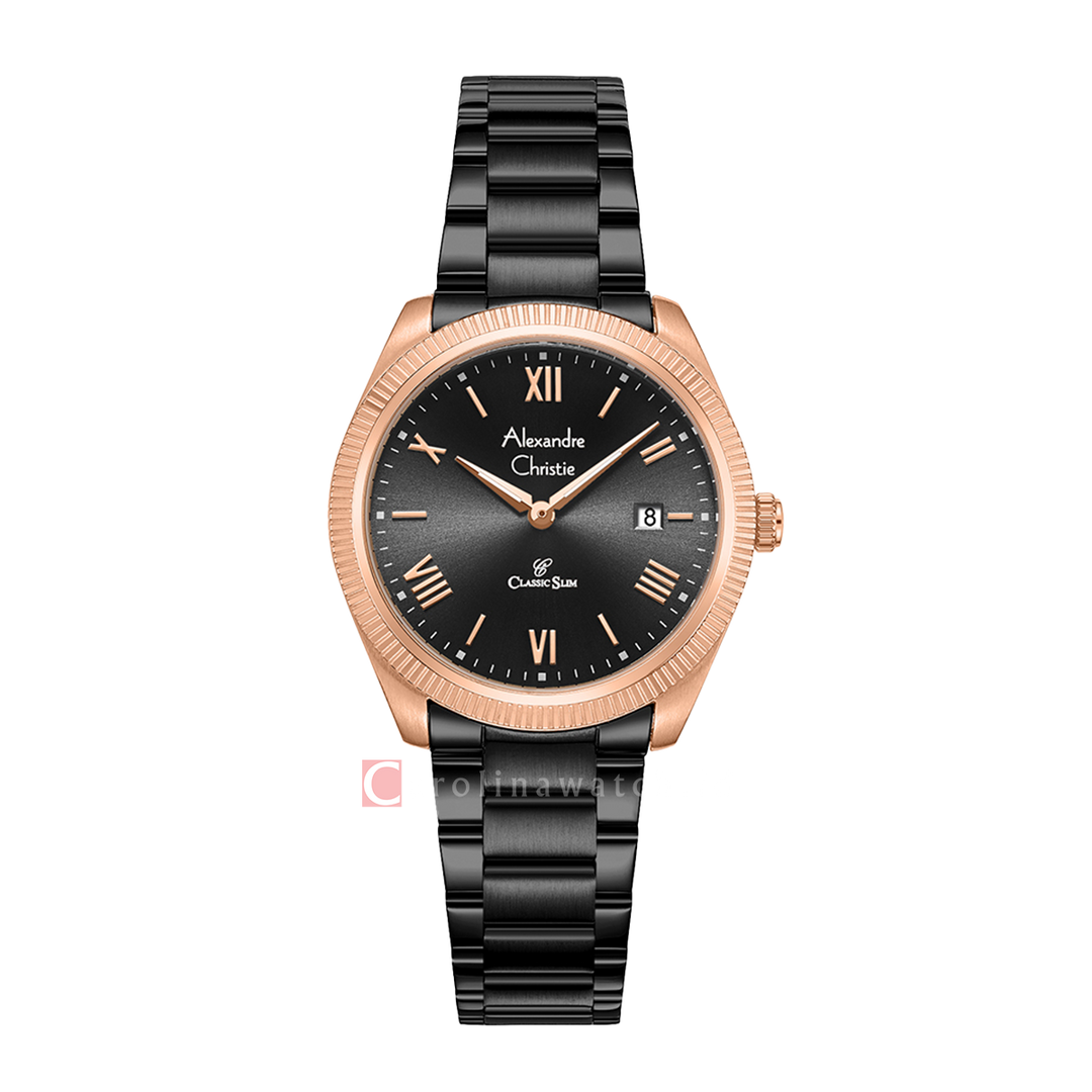 Jam Tangan Alexandre Christie AC 8712 LDFBRBA Women Black Dial Black Stainless Steel Strap