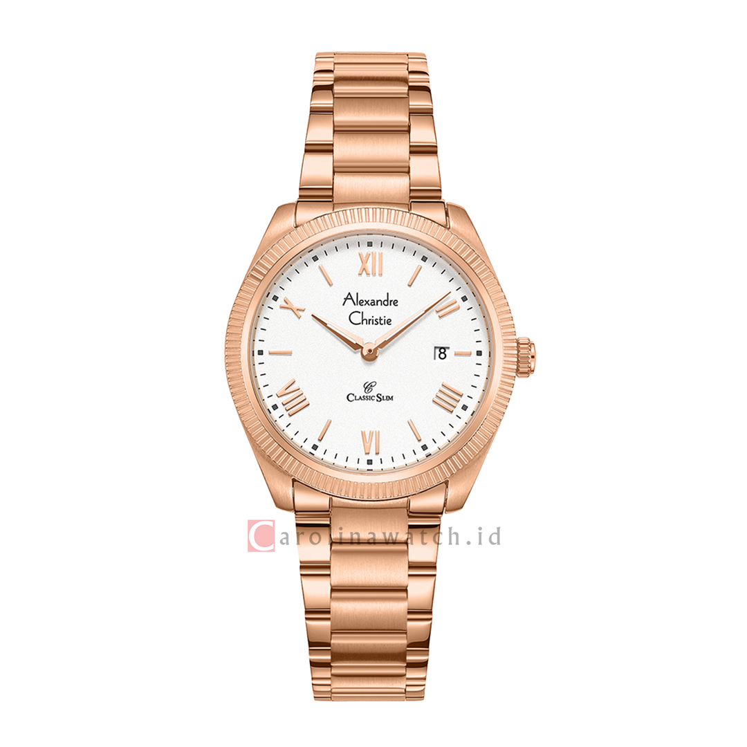 Jam Tangan Alexandre Christie AC 8712 LDFRGSL Women Silver White Dial Rose Gold Stainless Steel Strap