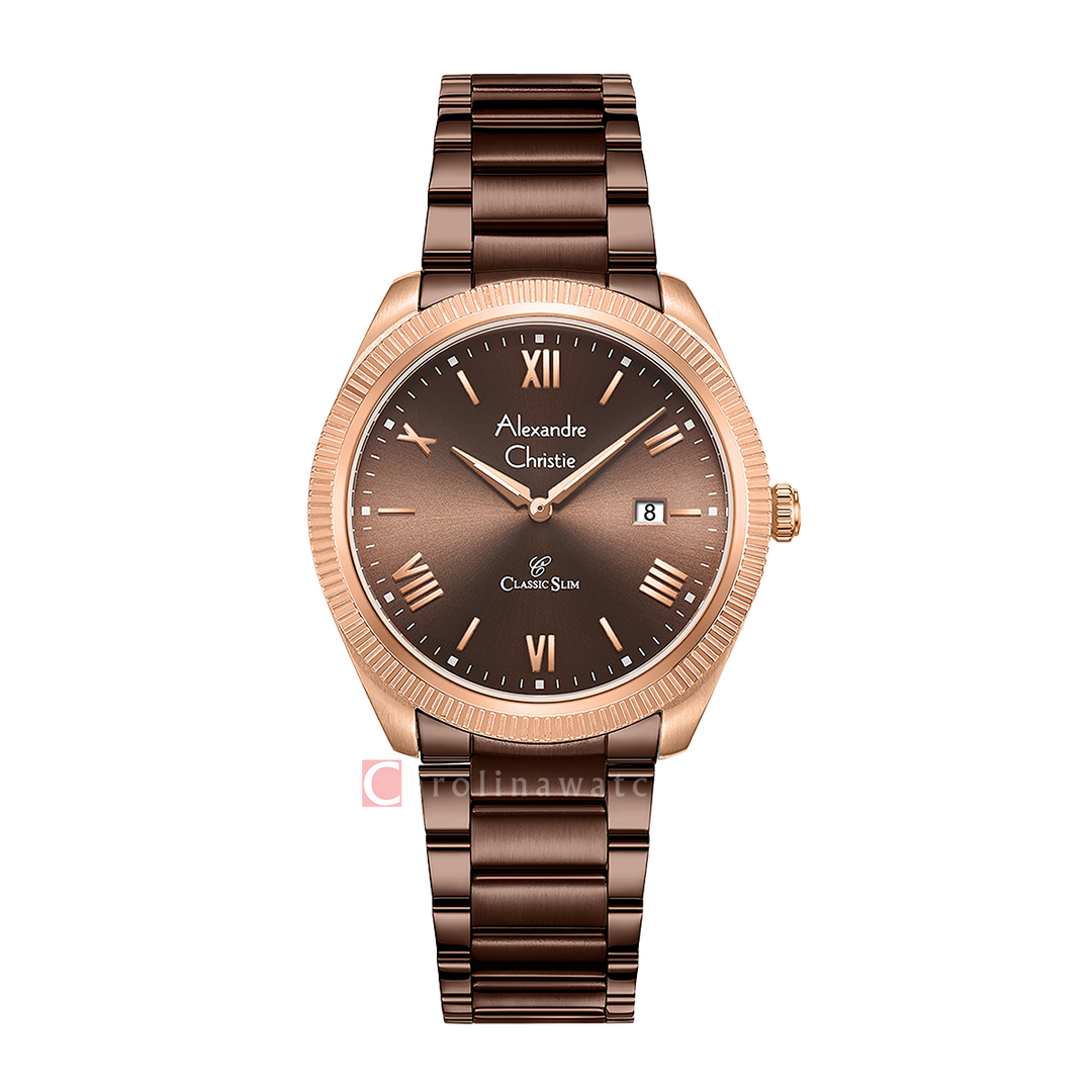 Jam Tangan Alexandre Christie AC 8712 MDFROBO Men Brown Dial Brown Stainless Steel Strap