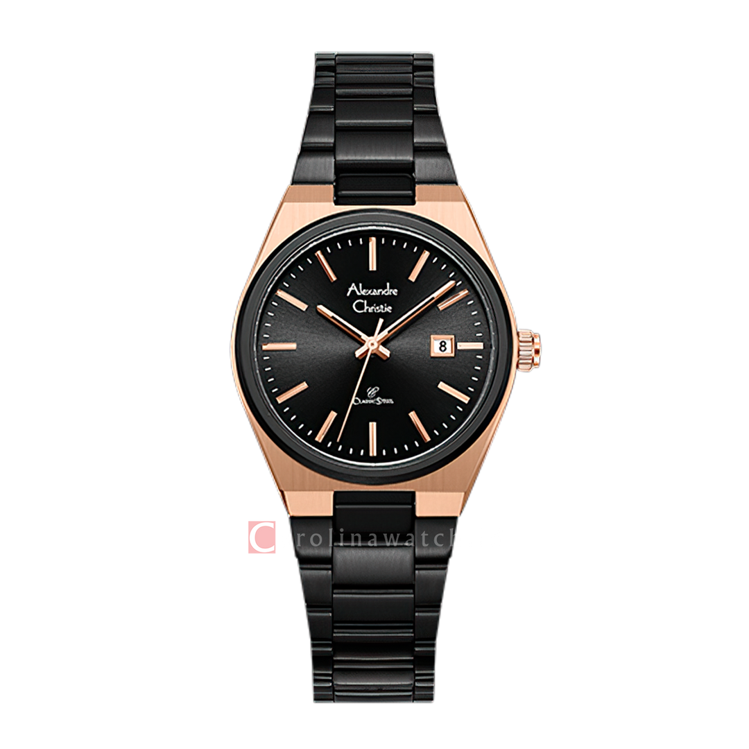 Jam Tangan Alexandre Christie AC 8713 LDFBRBA Women Black Dial Black Stainless Steel Strap