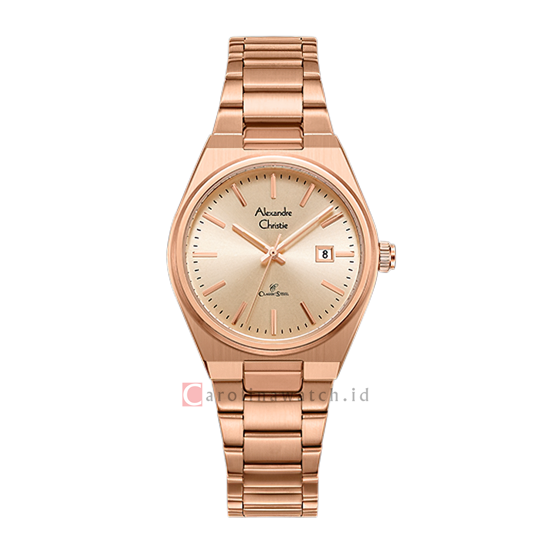 Jam Tangan Alexandre Christie AC 8713 LDFRGLN Women Gold Dial Rose Gold Stainless Steel Strap