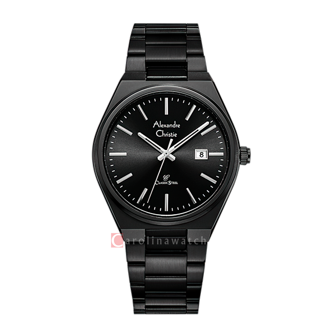 Jam Tangan Alexandre Christie AC 8713 MDFIPBA Men Black Dial Black Stainless Steel Strap